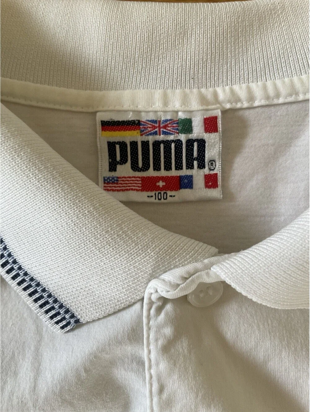 Puma 90S Tennis Polo Shirt Rare Size Large white W Blue Stripes